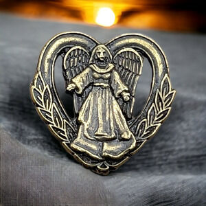 Gold Tone Angel Open Accepting Arms Heart Signed Hat Lapel Pin Brooch